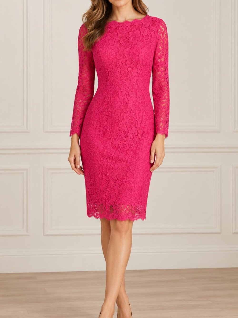 Adrianna Papell Fuchsia Pink Lace Long Sleeve Sheath Dress Size 2 NWT